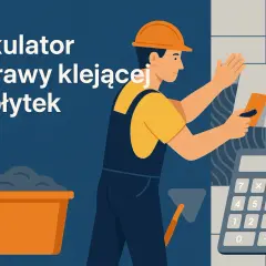 Ilustracja: pracownik kładzie płytki, obok wiadro z zaprawą, kielnia i kalkulator.